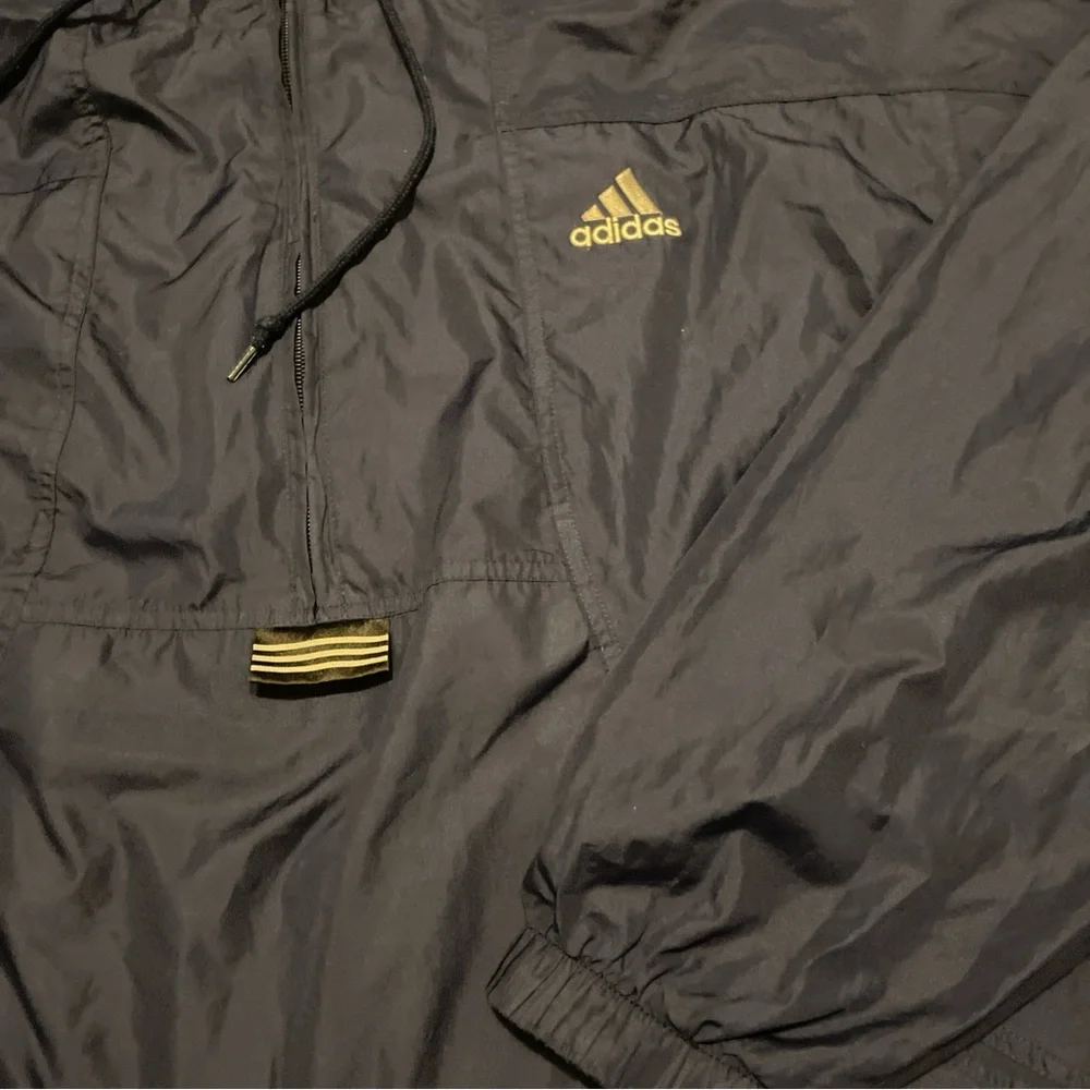 Vintage Adidas 1/4 Zip Dark Blue Hooded Jacket with White Stripes Size L 90s